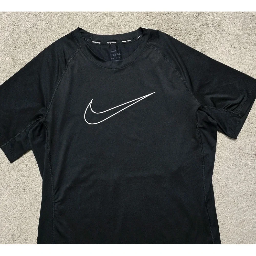 Nike Pro Mens L Short Sleeve Compression Shirt Slim Black Center Swoosh Dri Fit